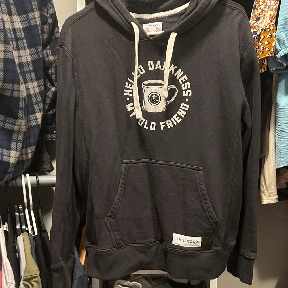 Life Is Good Charcoal Hoodie with Coffee Graphic